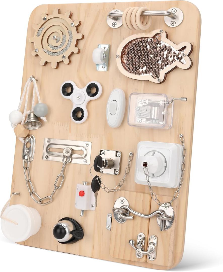 Pithfor Wooden Montessori Busy Board, Montessori Sensory Activity Board Toys for Kids Toddler Baby Boys Girls, for Autism & ADHD Motor Skills