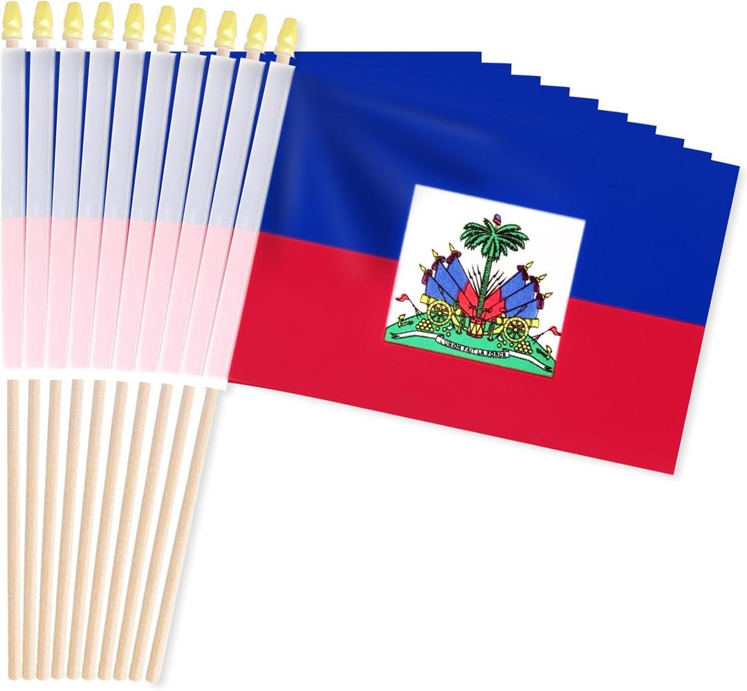 Pack of 20, Handheld Haiti Flags 5x8 Inch Small Haitian Flags on Wooden Sticks with Gold Spear Top, Mini Haiti Country Flag for Independence Day, Parades, Patriotic Decorations