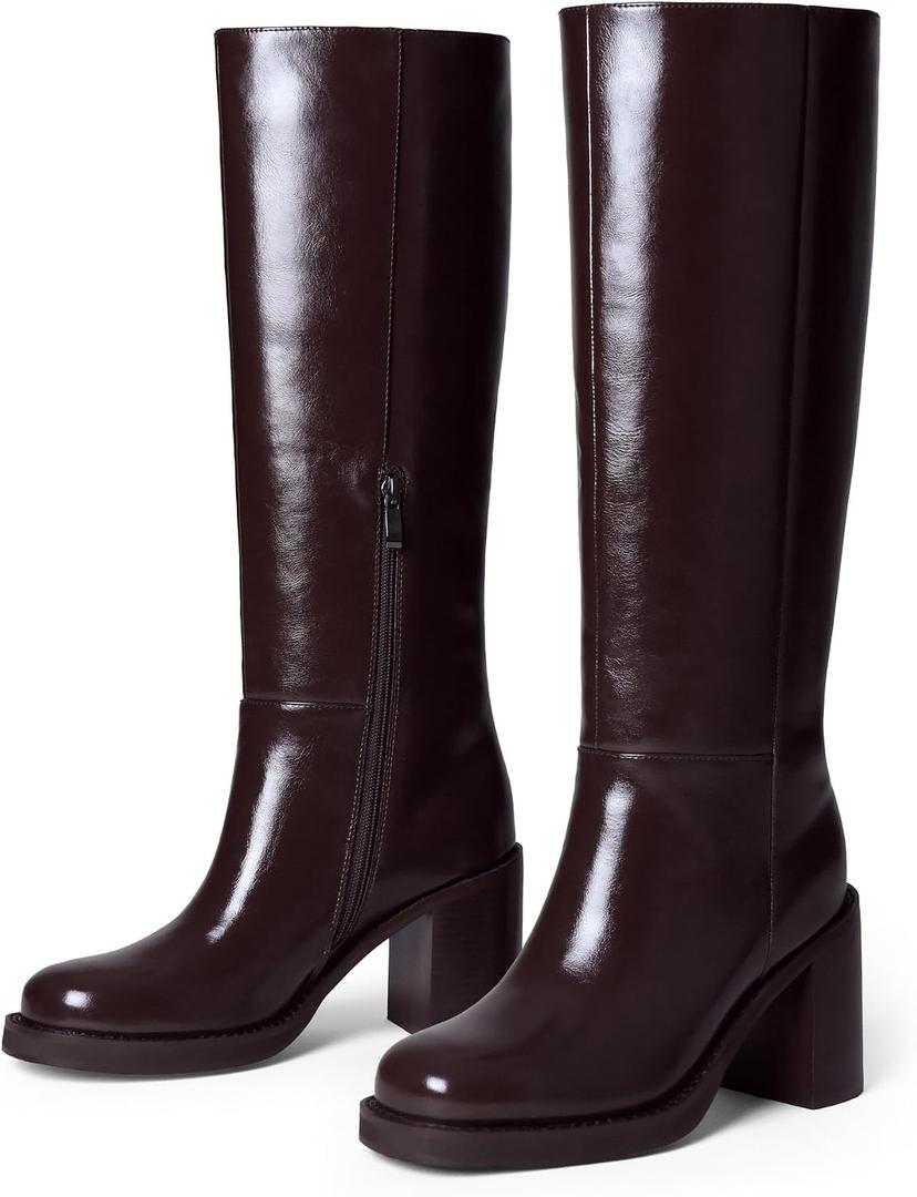 Adolilove Knee High Boots for Women Round Toe Chunky Heel 3.3 IN Tall Boots Side Half Zip Faux Leather, Size 6.5