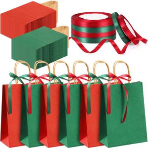 Abbylike 200 Pcs Christmas Paper Gift Bags with Handles Paper Gift Wrapping Bags and 6 Rolls Ribbon for Holiday Xmas Birthday Shopping Wedding Party Decor, 6 x 3 x 8 Inch(Dark Green, Red)
