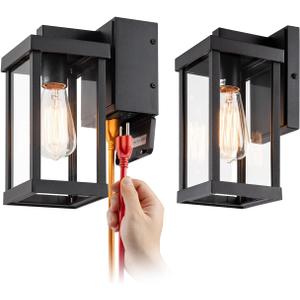mirrea 11" Classic Outdoor Wall Sconce with Built-in GFCI Outlet 1 Light in Matte Black Rectangular Metal Frame and Clear Glass Shade Waterproof Porch Light Patio Light, Pack of 2