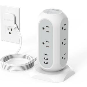 Tower Power Strip Flat Plug with 11 Outlets 3 USB (1 USB C), TESSAN Surge Protector Tower 1625W/13A,1050J Protection, 6 Feet Extension Cord with Multiple Outlets, Office Desk Supplies, Dorm Essentials (White)