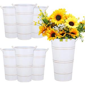 Chumia 6 Pcs 12 Inch Galvanized Metal Vase, French Flower Bucket for Cut Flowers, Metal Flower Bucket Decoration, Home Farmhouse Vase Table Decoration for Wedding Party(White)