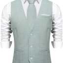 DiBanGu Mens Linen Suit Vest Casual Waistcoat and Necktie & Pre-tied Bowtie Set 6PCS Solid Color Dress Vest for Wedding Party (Blue), Size XXL