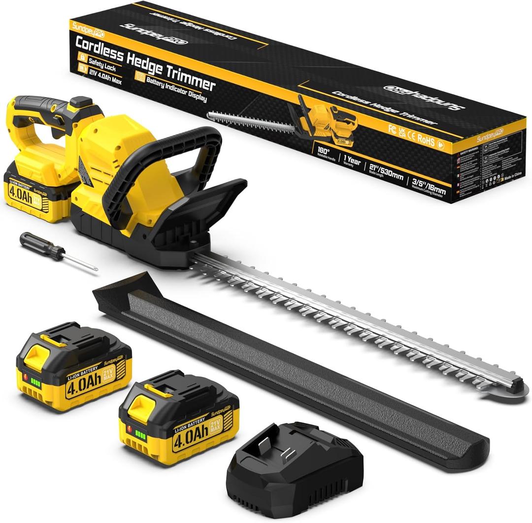 21" Cordless Hedge Trimmer - 21V Portable Electric Bush Trimmer with 2 x 4.0Ah Batteries & Charger & 180 Rotatable Handle & Dual-Action Blade 3/5" Cutting Width for Garden Yard Maintenance