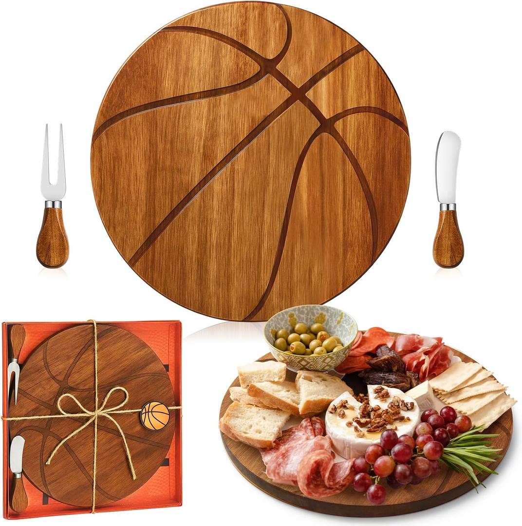 Ziliny Basketball Cheese Board Gift Set Father Day Gift for Dad Party Favor Prizes Charcuterie Wood Board with Knives and Box for Party Tournament Birthday Game(Acacia,11.8" X 11.8")