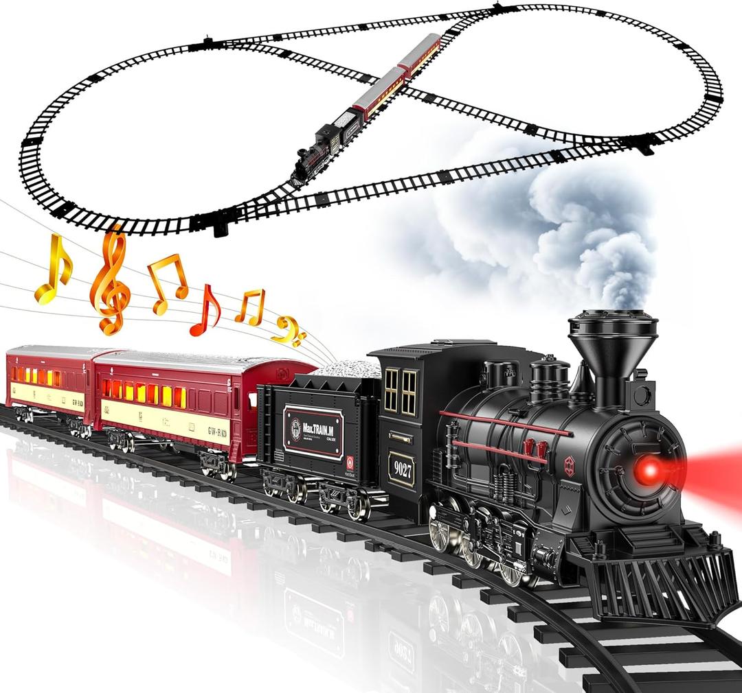 Hot Bee Train Set - Metal Train Toys with Luxury Tracks and Glowing Passenger, Christmas Train Sets for Around The Tree with Smokes, Lights & Sound, Toy Train Set for 3 4 5 6 7+ Years Old Boys Gifts