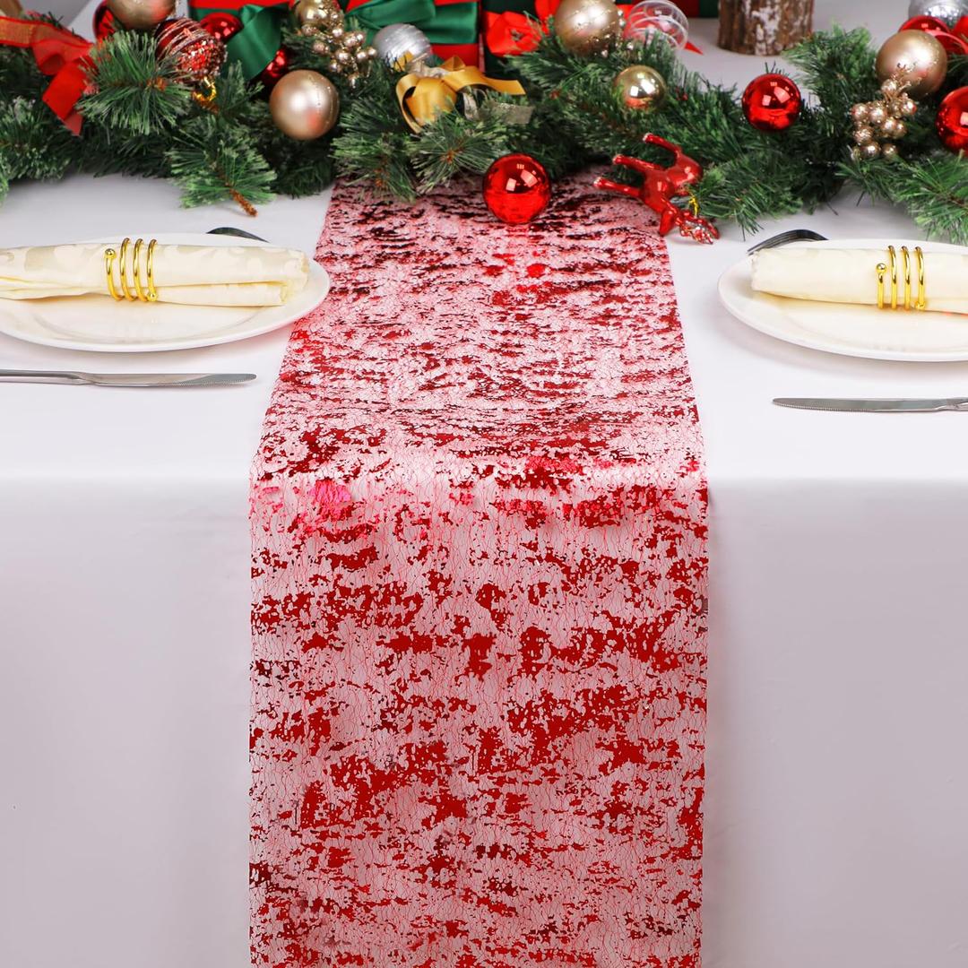 2 x Snowkingdom Red Sparkly Table Runner Sequin Glitter Metallic Foil Mesh Runner 11 Inch x 100 Feet Romantic Wedding Reception Anniversary Birthday Party Bridal Shower Mother's Day Table Decoration