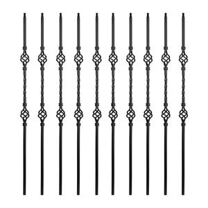 Iron Balusters for Staircase Interior (Box of 10) Stair Spindles 1/2" Square Balusters - Hollow Double Basket Single Twist Stair Balusters (Real Satin Black), E06