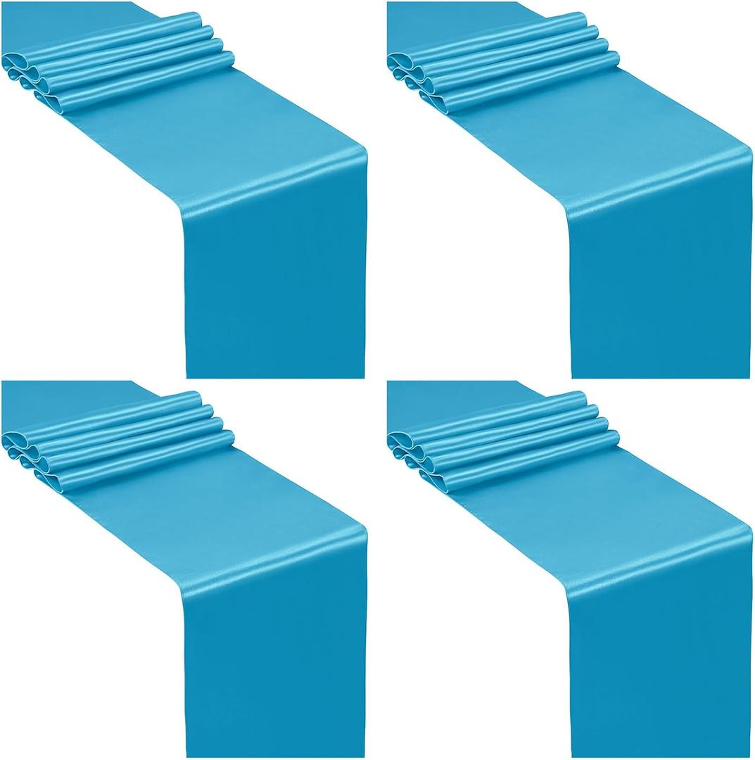 SiinvdaBZX 4 Pcs Teal Blue Satin Table Runner 12 x 108 inches Long, Bright Smooth Satin Wedding Table Runner Decorations for Birthday Parties, Buffet, Banquets, Graduations, Engagements