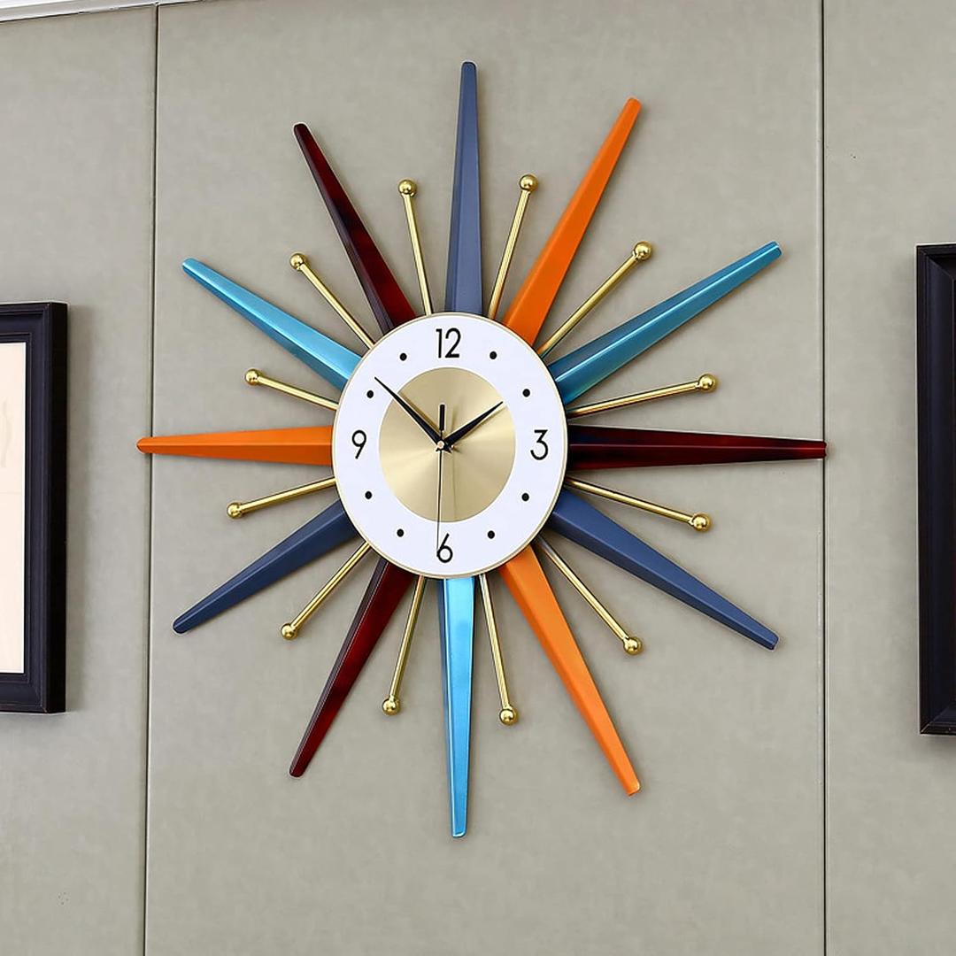 22" Large Decorative Wall Clocks for Living Room, Mid Century Modern Starburst Clock Non Ticking for Dining Room, Kitchen, Home, Bathroom, Bedroom