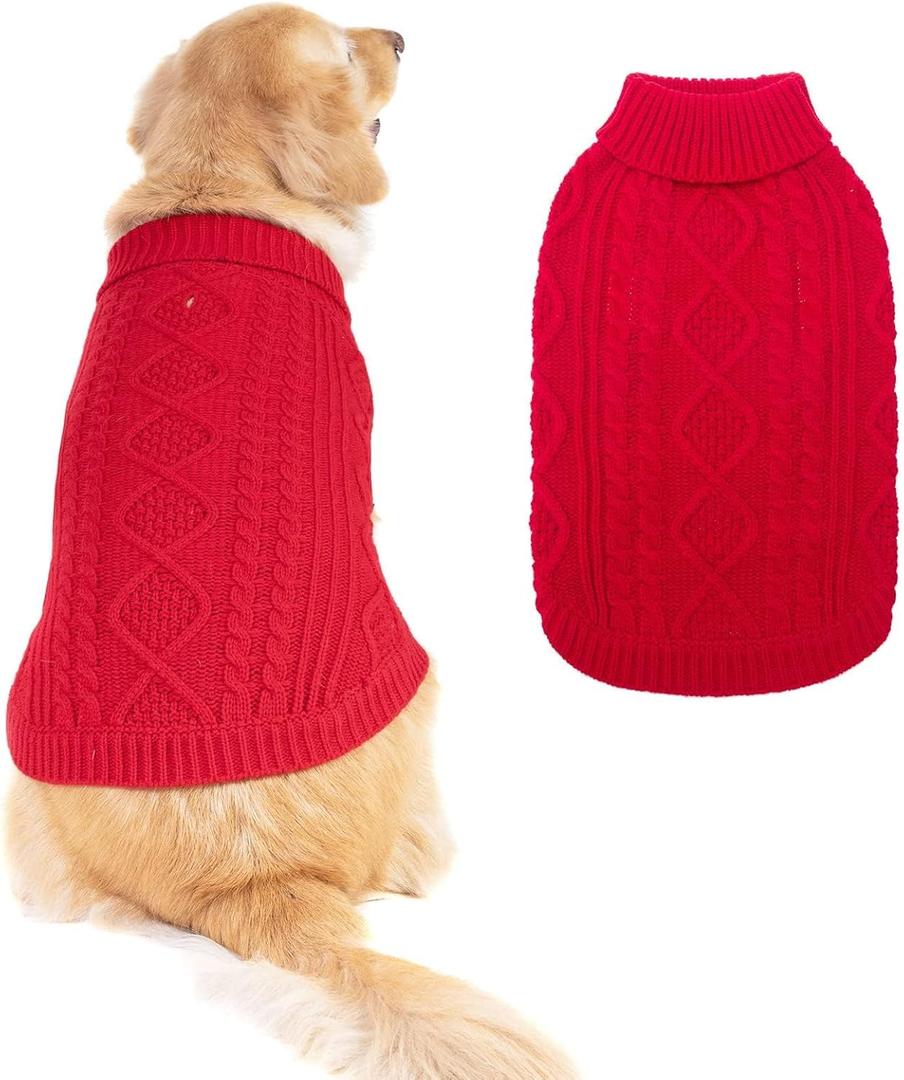BINGPET Thermal Knitted Dog Sweater for Small Medium Large Dogs,Winter Dog Cat Coat Warm Sweartershirts Outfits,Classic Cable Knit Turtleneck Pullover Dog Jumper Coat Warm Sweartershirts (Red)