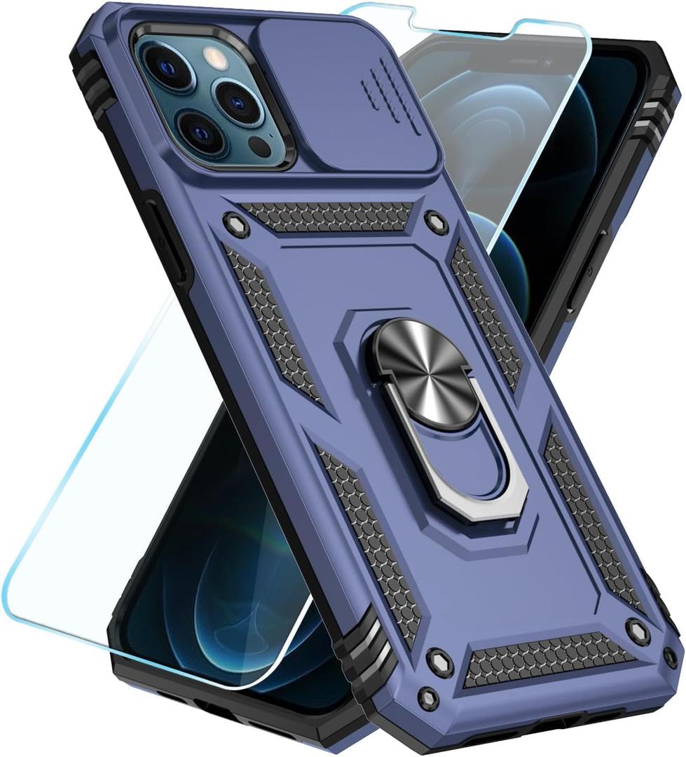 SunStory Compatible with iPhone 12 Pro Max Case with HD Screen Protector & Slide Camera Cover & Rotated Ring Kickstand, [Military-Grade] Phone Case for iPhone 12 Pro Max (Blue)