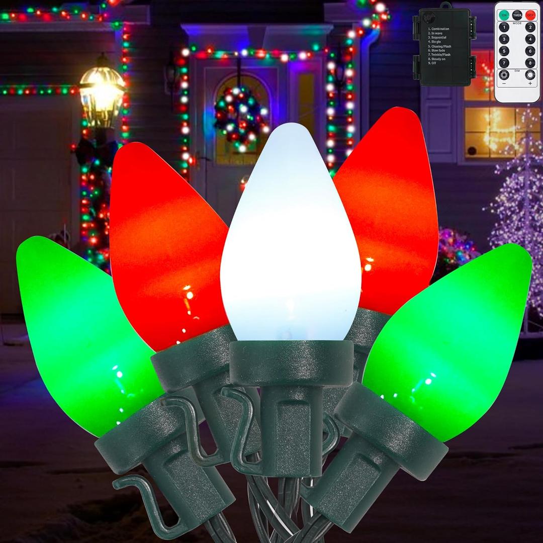RECESKY C7 Bulbs Battery String Lights - 50 LED 26ft Fairy Christmas Lighting for Indoor Lawn Garland Home Xmas Tree Decorations - Red White Green