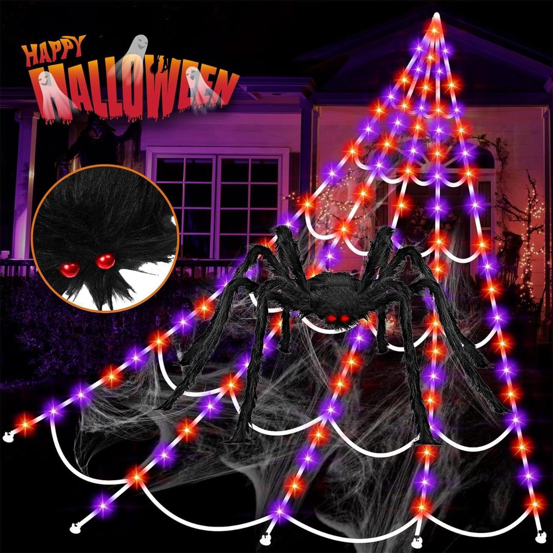 Halloween Giant Spider Web Lights Decorations Outdoor, 16.4Ft 200 LED Lighted Spider Web Light up with 8 Modes for Yard House Decor