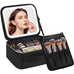 Chomeiu Makeup Bag with LED Mirror, Travel Makeup Case for Women and Makeup Artists Cosmetic Organizer Large Make Up Bags with Light Up Mirror, 3 Color Lights, Adjustable Dividers and Brush Holder