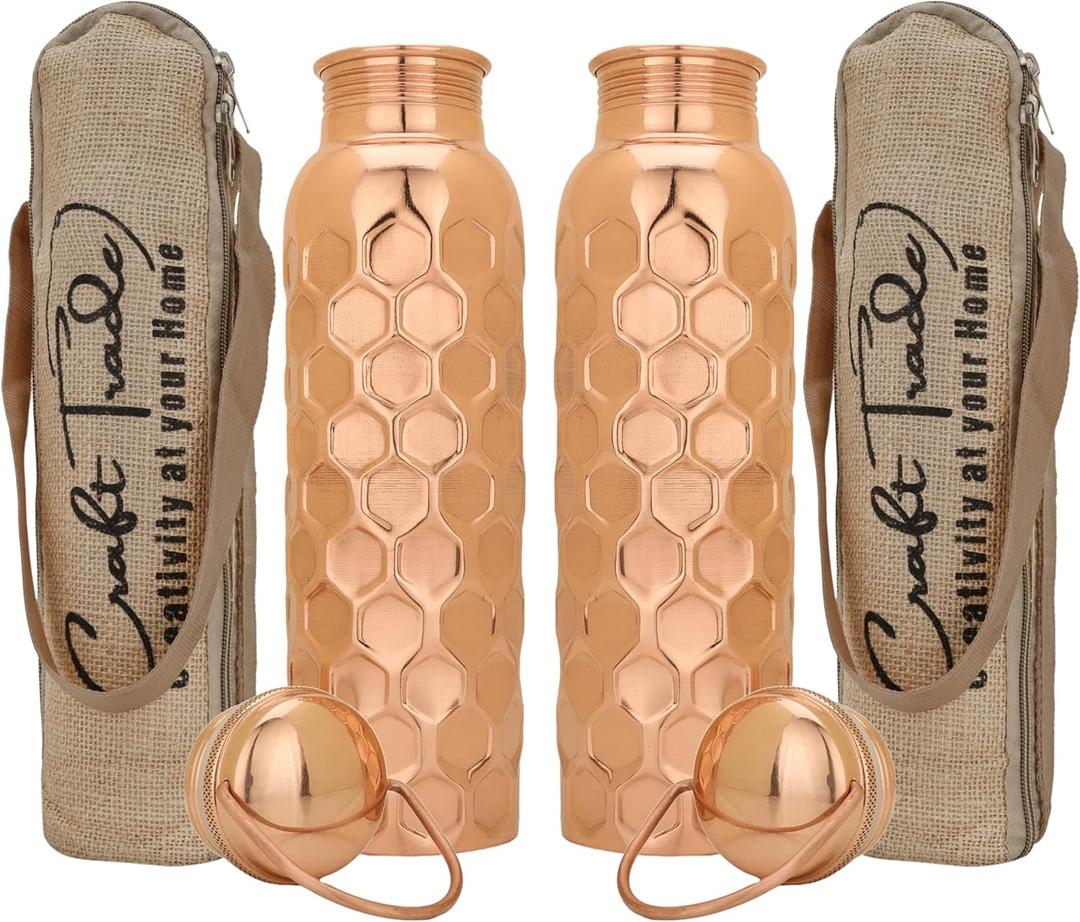 Craft Trade Pack of 2 Hammered Pure Copper Bottle with Lid and Carry Bag for Drinking Water BPA Free Leak Proof Supports Digestive & Liver Health, Ayurveda Inspired 34oz - 1 Litre Natural