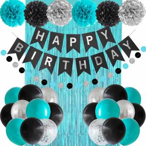 ANSOMO Black Teal Blue and Silver Happy Birthday Party Decorations Turquoise Aqua Balloons Dcor Supplies Men Women Boys Girls 1st 2nd 3rd 16th 20th 25th 30th 35th 40th 45th 50th 60th 70th