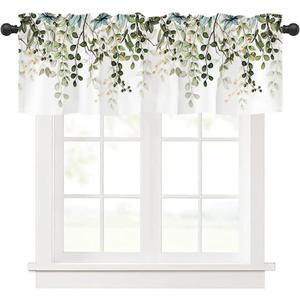 Sage Green Leaf Valances for Windows Spring Summer Kitchen Curtains for Window Over Sink Eucalyptus Botanical Rod Pocket Short Curtains for Small Window for Basement Bathroom and RV,54" W x 18" L