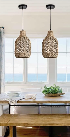 Mini Rattan Pendant Lights Set of 2, Rattan Hanging Light Fixture 7.9" Boho Wicker Pendant Lighting Seagrass Rattan Chandeliers for Dining Room Kitchen Island Bedroom Hallways 