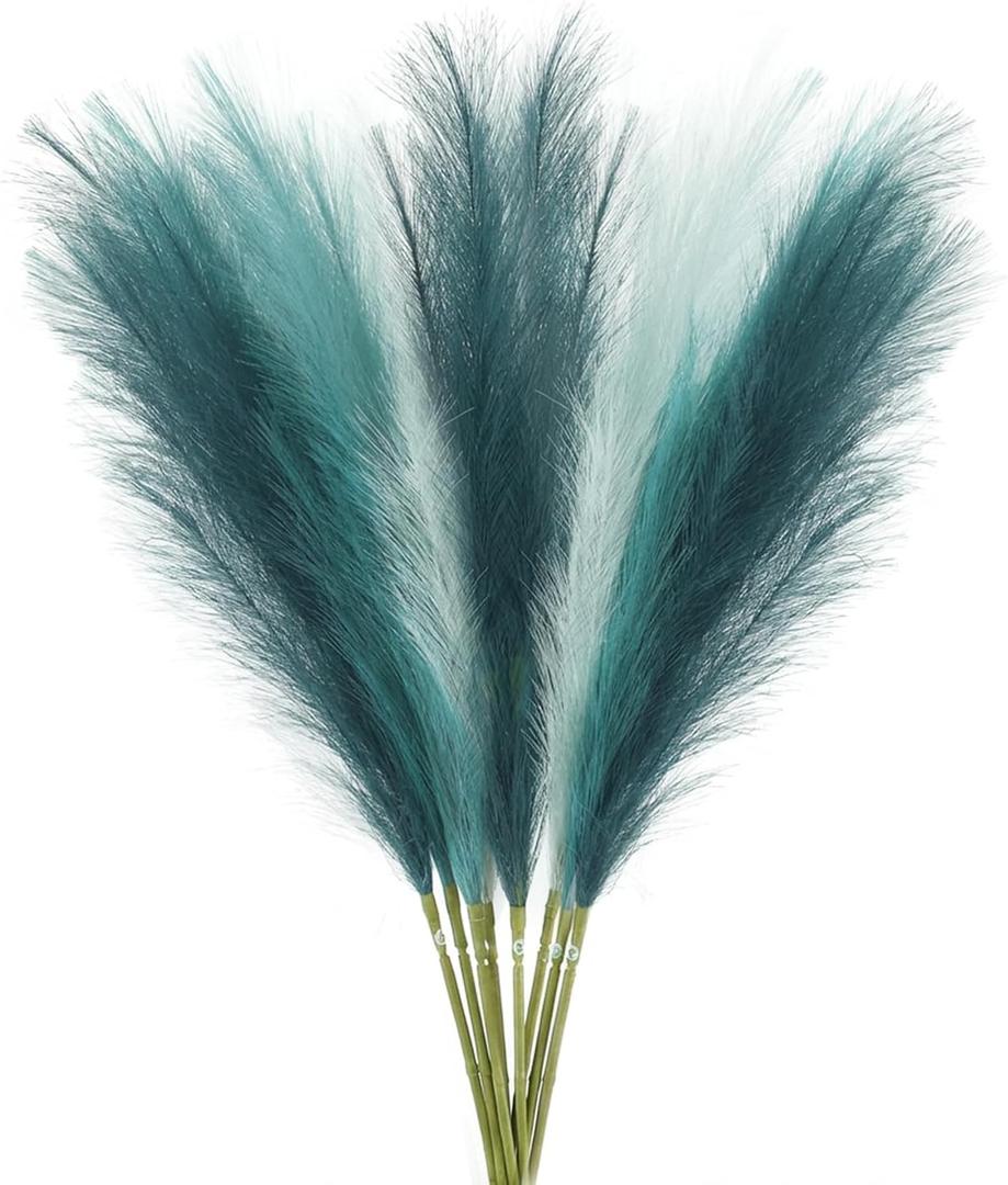 Agusbagli 8 Pcs Teal Blue Faux Pampas Grass Decor 35” Fluffy Tall Artificial Colored Pampas Grass Blue Fake Pompous Grass Stems Large Flower Arrangement Floor Vase Filler for Home Wedding Boho Decor