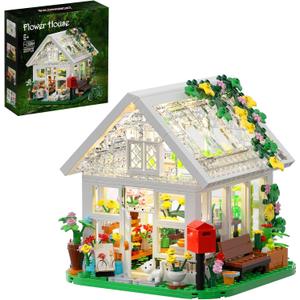 Flower House Building Set, Creative Garden Playset Toy with LED Light, Build a Greenhouse Model, Great Gift for Friends or Girls (597 Pieces)