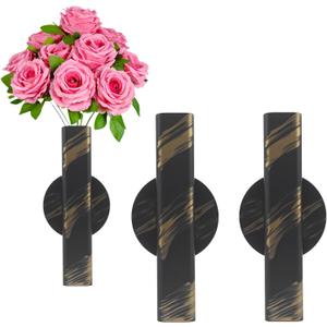 Self Adhesive Wall Vase Metal Tube Decoration Holder Used to Display Dried Flower, Faux Flowers, Fake Flowers, Also Suitable for Cemetery Memorial Decoration (2 Pcs Black and Gold Stripe)