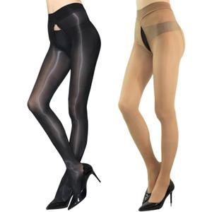 HTRUIYA 2 Pairs Shiny Pantyhose for Women 8D Sheer Tights Oily Gloss Pantyhose Invisible Zip Tights Smooth Stockings (One Size, Brown)