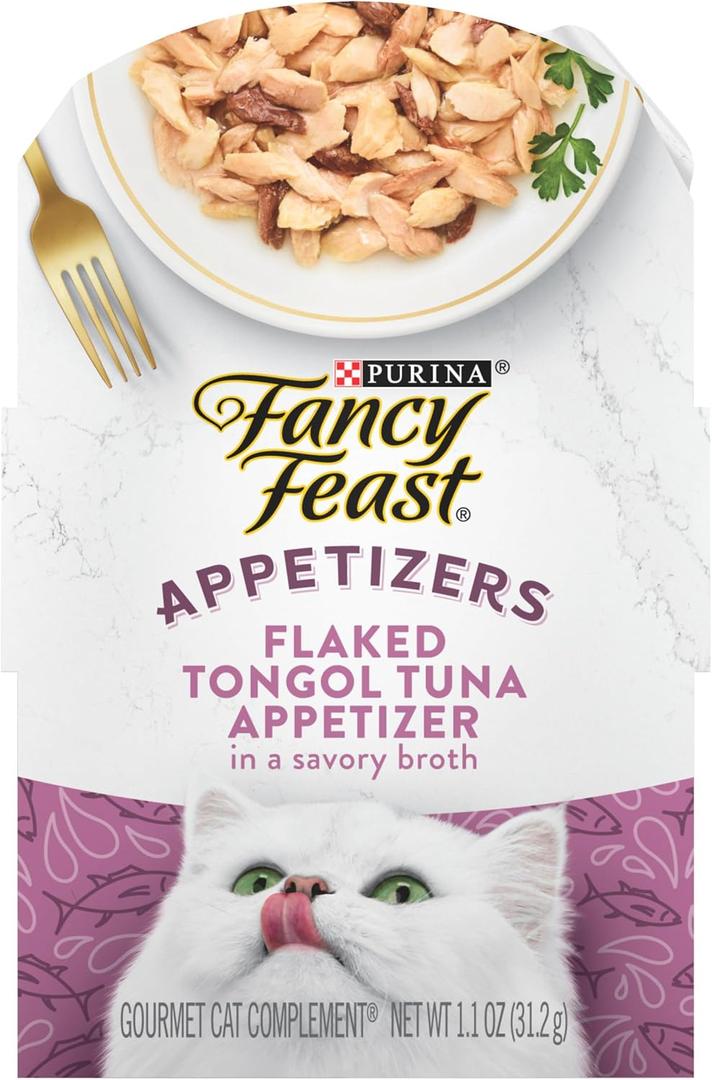 Purina Fancy Feast Appetizers Grain Free Cat Food Flaked Tongol Tuna Appetizer Lickable Cat Food Topper - (Pack of 10) 1.1 oz. Trays, Best By JUL 2027