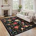 6x9 Black Area Rugs for Living Room, Floral Vintage Washable Rug Boho Non Slip Large Rugs, Low Pile Carpet Spring Decor for Bedroom Dining Room Kids Playroom Dorm