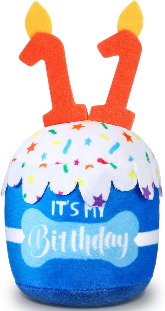 Dansydaisy Dog Birthday Cake Toy Accessories for Girl Boy Gifts, Squeaky Plush Toy for Dog Birthday Party Decor Favor for Large, Medium and Small Dogs(11th,Blue)