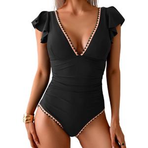 Women's One Piece Ruffle Swimsuit Tummy Control Bathing Suit V Neck Shell Stitched Swim Suit Slimming Swimwear (Medium, Black)