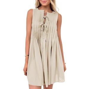 Wenrine Womens Tie Front Mini Dress Casual Bow Sleeveless Pleated Summer Loose Babydoll Dresses (Medium, Beige) Wenrine Womens Tie Front Mini Dress Casual Bow Sleeveless Pleated Summer Loose Babydoll Dresses (Medium, Beige)