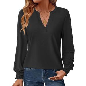 GKBK Womens Long Sleeve Shirts Fall Tops V Neck Business Dressy Casual Blouses with Smocked Cuffs (Black, XL)