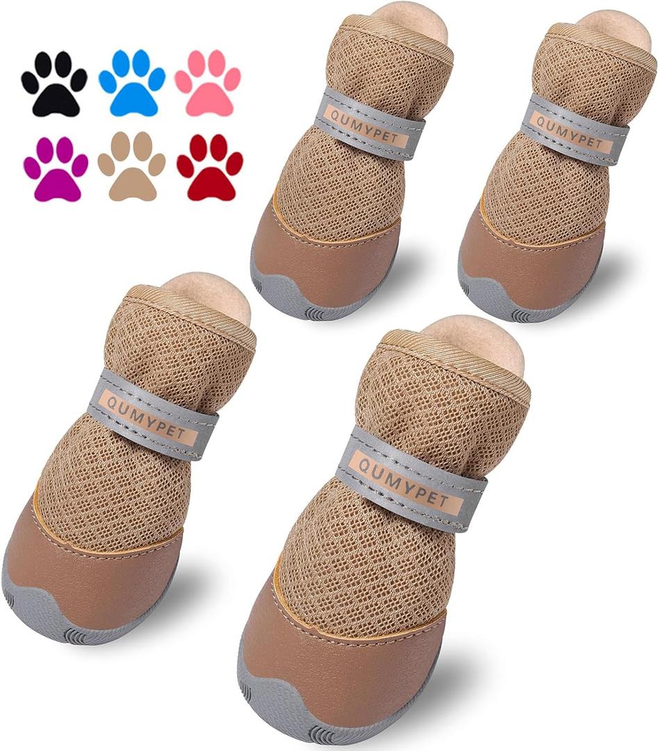 QUMY 4PCS Dog Shoes for Small Dogs, Hot Pavement Summer Puppy Dog Boots & Paw Protectors with Soft Anti-Slip Rubber Sole, Mesh Breathable Dog Booties for Hardfloors, Walking Running Khaki Size 1