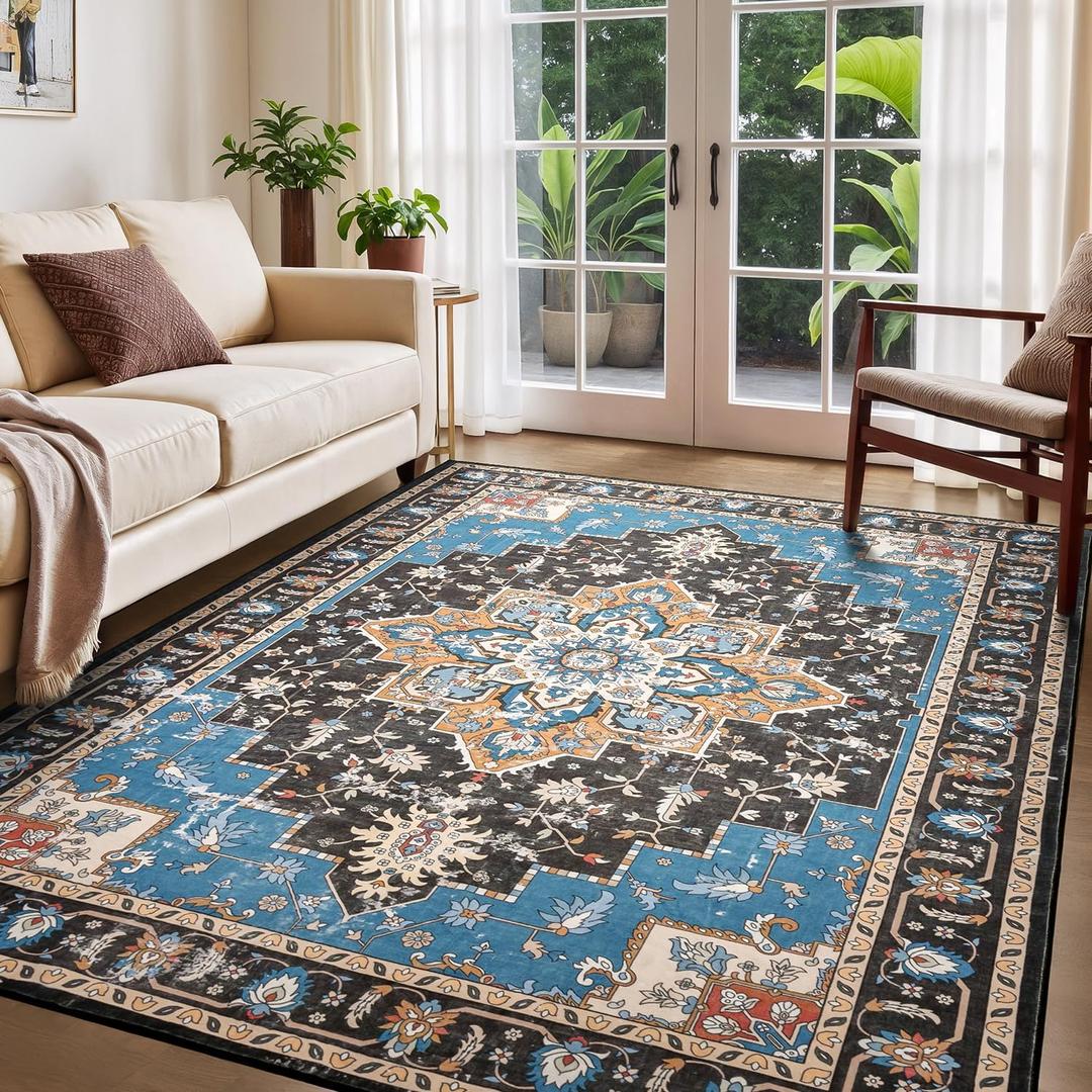 Rugflix 5x7 Area Rug for Living Room, Vintage Washable Area Rug Non Slip Backing Low Pile, Floral Soft Foldable Carpet for Bedroom Dining Room, Blue