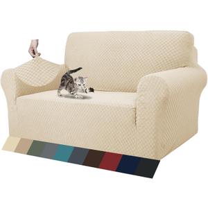 ZNSAYOTX 1 Piece Jacquard Couch Covers for 2 Cushion Couch High Stretch Loveseat Slipcover for Pets Dogs Anti Slip Love Seat Sofa Slipcover Furniture Protector (Loveseat, Light Beige)