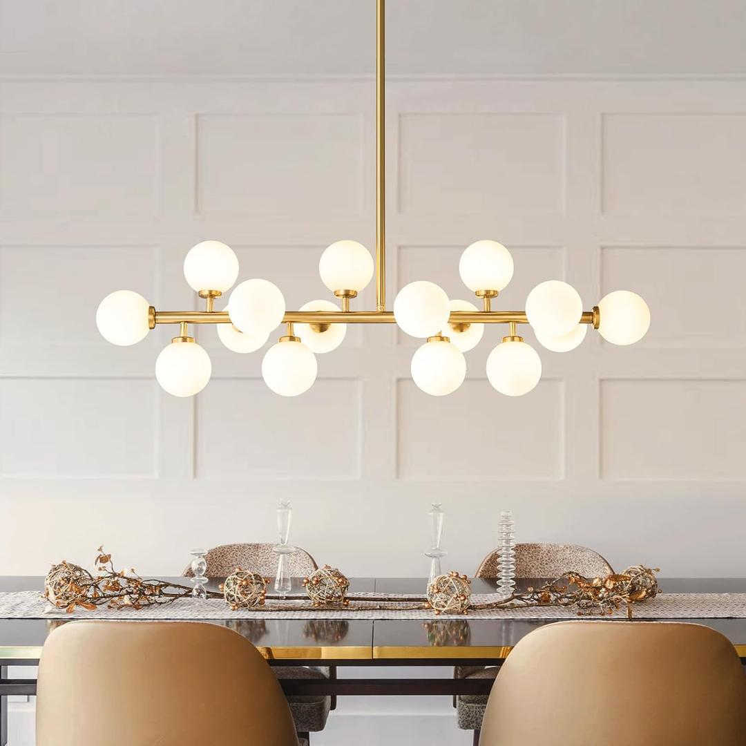 Mid Century Modern Sputnik Chandelier: 16-Light Globe Chandeliers over Table - White Glass Linear Chandelier Dining Room Light Fixture - Gold Brass Modern Chandeliers for Living Room Kitchen Island, 39"