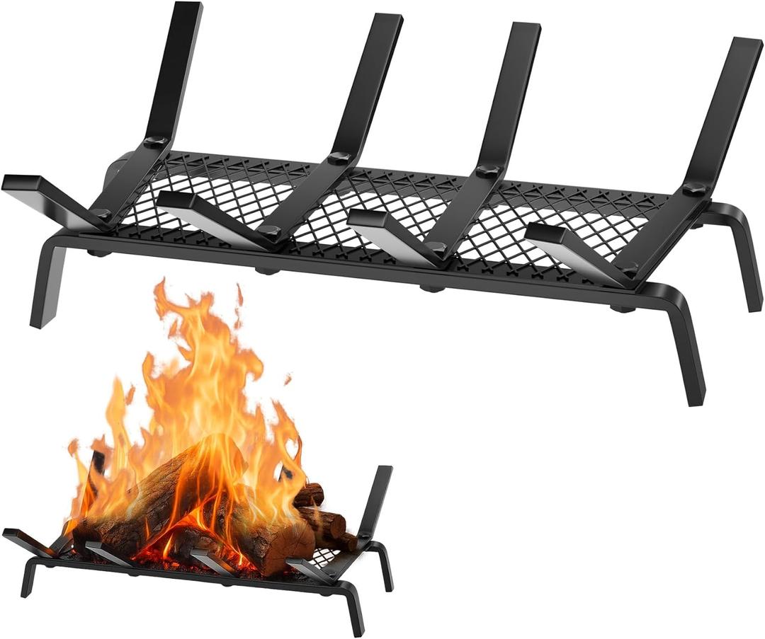 Fireplace Grate with Ember Retainer, 17" Fireplace Log Holder Solid Cast Iron Firewood Log Burning Rack 1/2" Bar for Fire Pit Kindling Indoor Stove Outdoor Chimney Hearth Camping Accessories