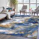 Abstract Marble Area Rugs for Living Room, 8x10 Soft Durable Lightweight Low Pile Carpet with Non-Slip Backing Stain-Resistant Modern Machine Washable for Bedroom Dining Room, Blue/Gold