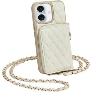 LAMEEKU Compatible with iPhone 16 Case Wallet with Card Holder, RFID Blocking Wrist Strap Crossbody Phone Cover for Women for iPhone 16 6.1" Beige