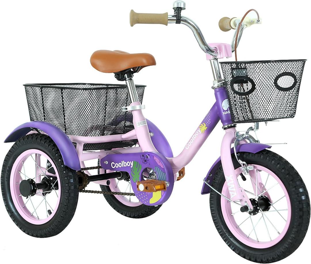 12 inch Trike,Kids Tricycle,Kids Trike,for Ages 3+ Beginner Riders, with Front Rear Basket and Passenger Seat, for Shopping Picnic Outdoor Kids Playground Sports,Multiple Colors (Purple)