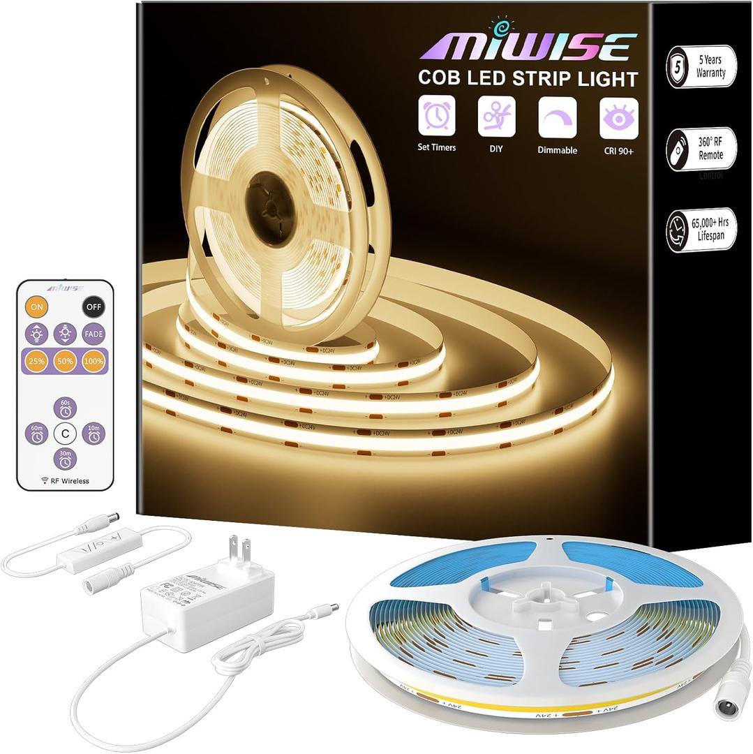 MIWISE COB LED Strip,3000K Warm White 20ft/6.1m,Dimmable Super Bright 24V LED Strip Light,CRI 90+ Flexible Tape Light with RF Remote Timer Function,for Home/Cabinet/Bedroom/TV DIY Lighting Project