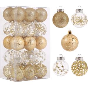 60mm/2.36inch Clear Christmas Ball Ornaments Set, 30ct Champagne Gold Christmas Ornaments Ball for Christmas Tree Decoration Shatterproof Transparent Baubles with Stuffed Decoration for Wedding Party