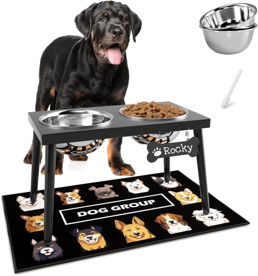 Metal Raised Dog Bowl Stand for Large and Medium Dogs, Stronger Elevated Dog Bowls with Sprill Proof Mat, Dog Food & Water Bowls 10" Tall Dog Feeder (58OZ-Stainless Steel Dog Bowls, Mat-16x24) (Black)