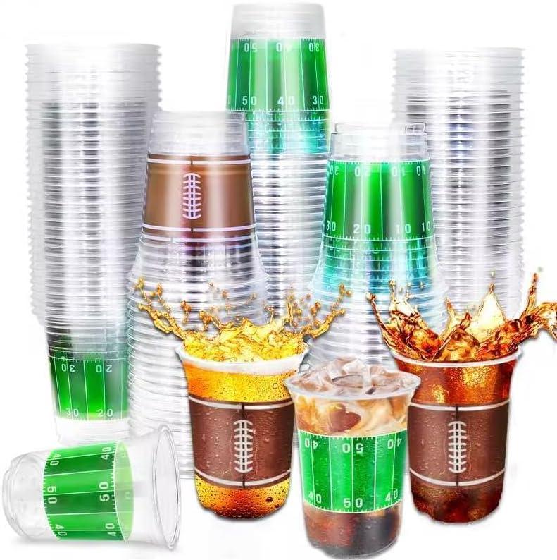 TURNMEON 100 Pcs 16 Oz Football Cups Party Decorations, Thickened Plastic Cups Football Party Supplies Tailgate Events, Disposable Clear Drinking Cup Sport Theme Party Favors
