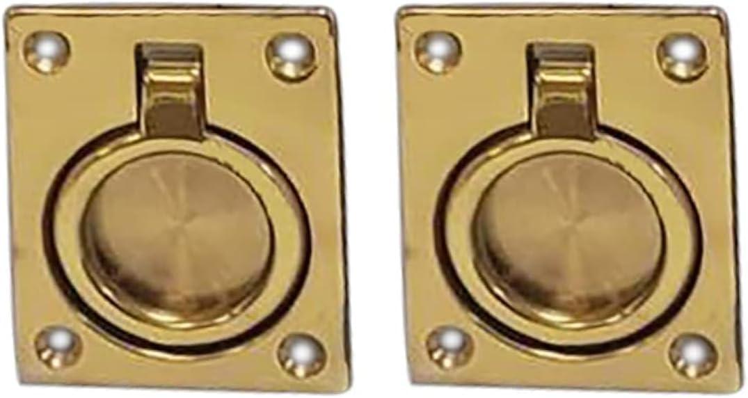 QCAA Solid Brass Flush Ring Pull, 2-1/2" x 1-7/8", Polished Brass, 2 Pack, Made in Taiwan
