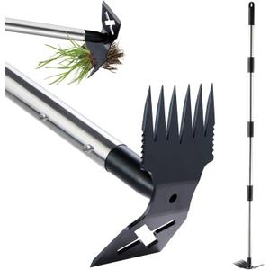 Weed Puller Tool with Long Handle, 60'' Weed Remover Weeding Tool, Heavy Duty 2 in 1 Manual Weed Rake and Garden Hoe, Gardening Weeder Tools for Yard, Lawn, Patio, Garden