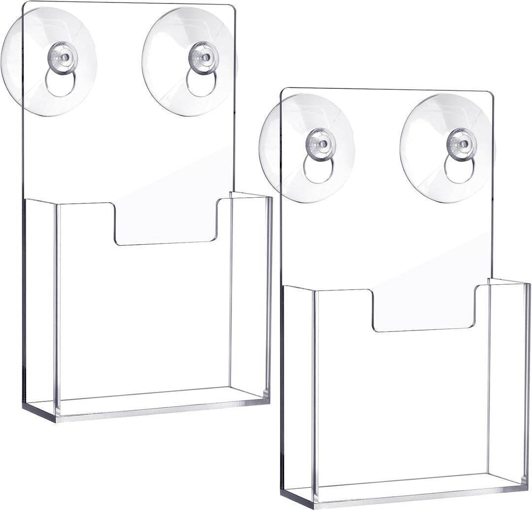 Thyle 2 Pcs Acrylic Brochure Holder with Suction Cups Wall Mount 5 x 7 Inch Window Clear Plastic Pamphlet Organizer Flyer Display Rack for Trifold Page Booklet Sticker Marketing Office Retail Shop