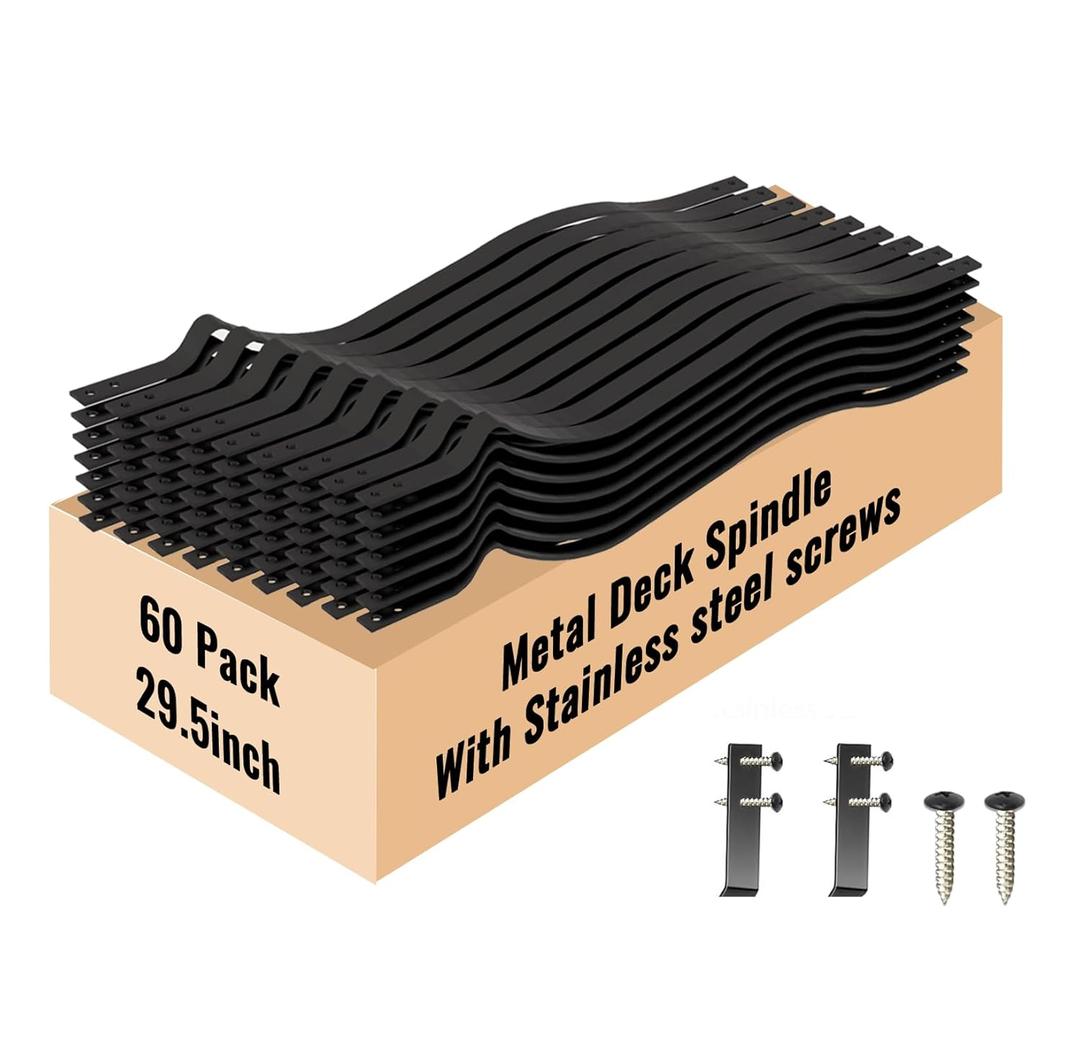 Zonegrace 60 Pack 29.5" Metal Deck Balusters Wave Arc, Matte Black Heavy Duty Metal Spindles for Deck Railing with Stainless Steel Screws, Outdoor Deck Railing Upgrade